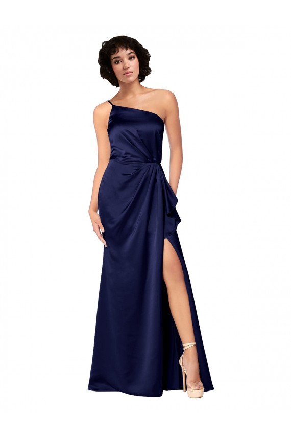 Sapphire línea A Un Hombre Satén sedoso Largo Formales Vestidos de dama de honor / Vestidos de fiesta Tiendas