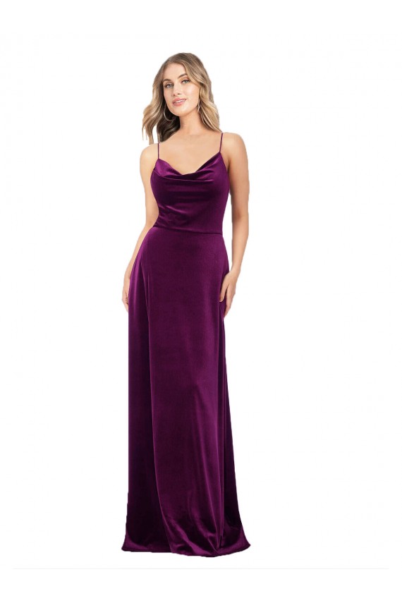 Uva línea A Cucharón Cuello en V Terciopelo Elástico Largo Formales Vestidos de dama de honor / Vestidos de fiesta Tiendas