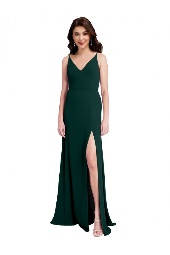 Verde Midnight línea A Cuello en V Crepé Elástico Largo Formales Vestidos de dama de honor / Vestidos de fiesta Tiendas