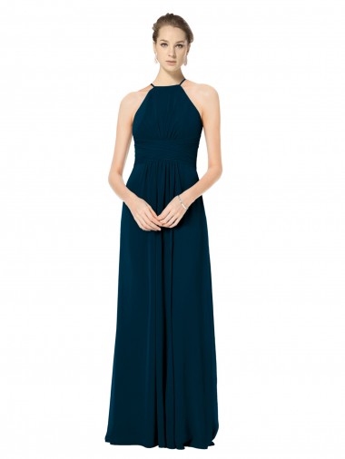 Verde Midnight línea A Tirantes espagueti Halter Gasa Largo Vestidos de dama de honor Tiendas