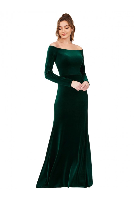 Verde oscuro Cubierta Hombros Descubiertos Terciopelo Elástico Largo Formales Vestidos de dama de honor / Vestidos de fiesta Tiendas