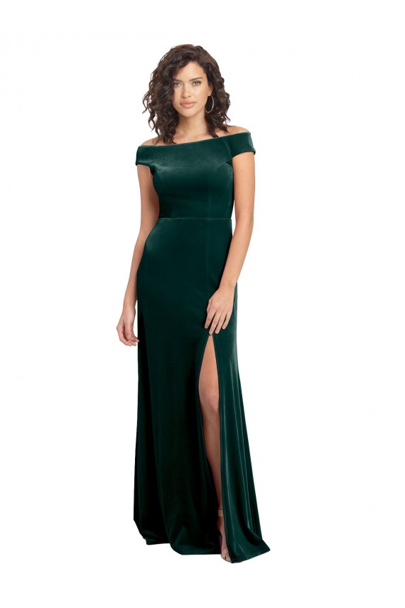 Verde oscuro línea A Cuadrado Terciopelo Elástico Largo Formales Vestidos de dama de honor / Vestidos de fiesta Tiendas