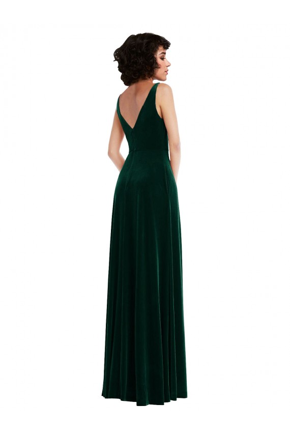 Verde oscuro línea A Cuello en V Terciopelo Elástico Largo Vestidos de dama de honor / Vestidos de fiesta Tiendas