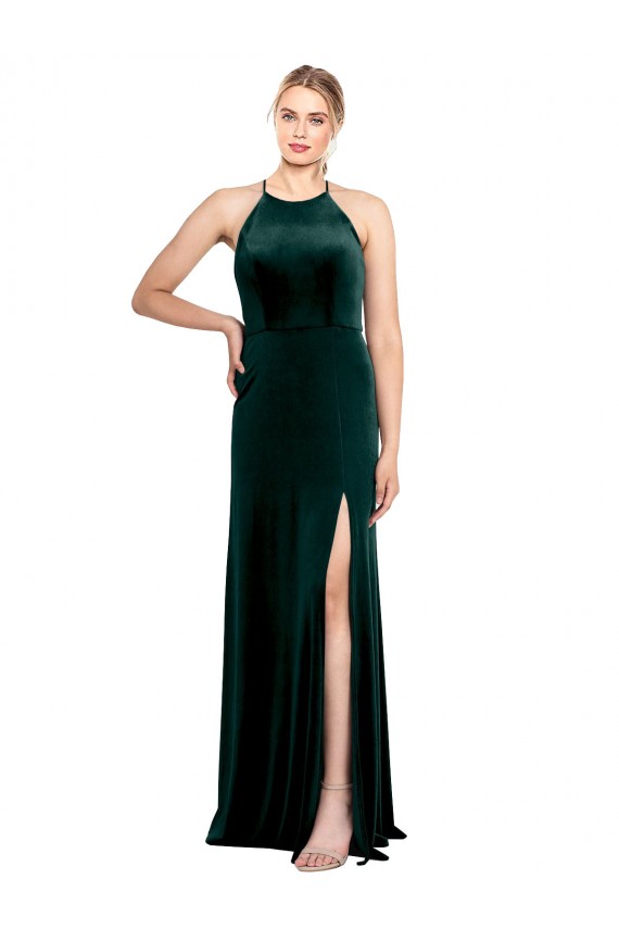 Verde oscuro línea A Tirantes espagueti Cuello joya Terciopelo Elástico Largo Vestidos de dama de honor / Vestidos de fiesta Tiendas