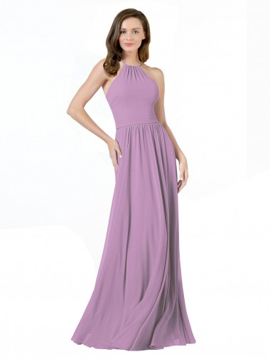 lavanda oscura línea A Halter Gasa Largo Vestidos de dama de honor Tiendas