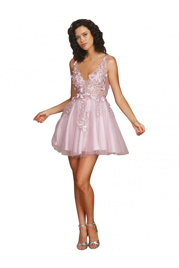 línea A Cuello en V Corto Tul Corto Vestidos de dama de honor / Vestidos de cóctel / Vestidos para homecoming Tiendas