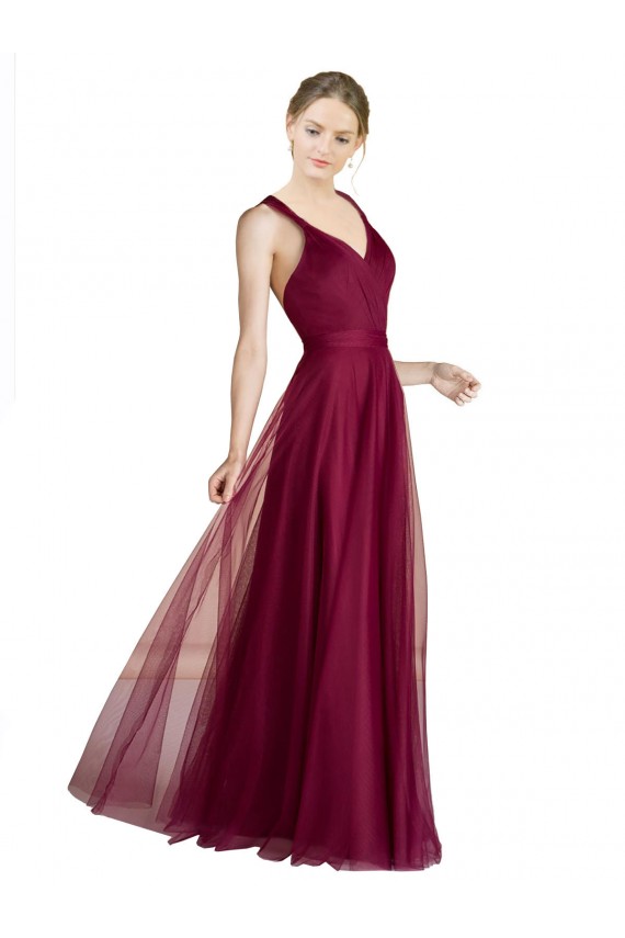 línea A Cuello en V Cuello de Corazón Tul Largo Vestidos de dama de honor Tiendas