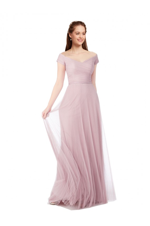 línea A Hombros Descubiertos Tul Largo Vestidos de dama de honor Tiendas